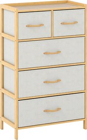 Comoda com 5 gavetas 58 x 30 x 94 cm para quarto em bambu com 5 gavetas dobráveis em tecido e prateleira superior natural