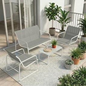 Conjunto de Jardim Exterior de 4 Peças com Sofá de 2 Lugares, 2 Poltronas e Mesa de Vidro Temperado, Tecido Textilene Cinzento Claro