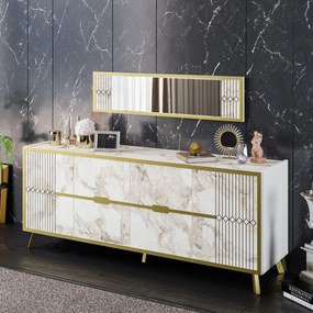 Aparador ELOISE, bilaminado mármore branco com detalhes dourados, 180 cms
