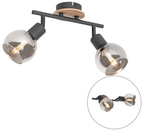 Candeeiro de teto preto com vidro fumê e madeira 2-luzes - Vidro Moderno