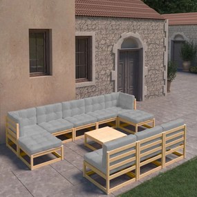 11 pcs conjunto lounge de jardim com almofadões pinho maciço