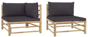 2 pcs conj. lounge jardim em bambu c/ almofadões cinza-escuro