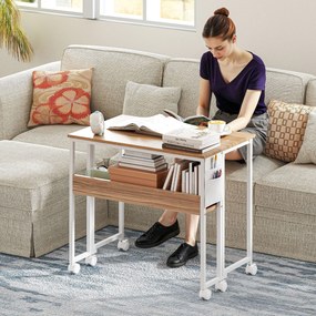 Secretária Dobrável com Rodas e Prateleira Mesa Secretária Compacta com Bolsa de Armazenamento 80x50x75 cm Madeira e Branco