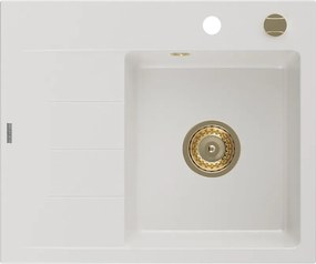 Mexen Ben lava-louça de granito de 1 cuba com escorredor, direito 600 x 500 mm, branco, sifão dourado - 6523605000-20-G