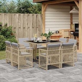 vidaXL 9 pcs conj. jantar jardim c/ almofadões vime PE bege misturado