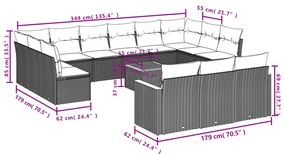 14 pcs conjunto sofás p/ jardim c/ almofadões vime PE cinzento