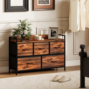Cómoda com 5 Gavetas de Tecido Cómoda de Estilo Industrial com Estrutura Metálica para Quarto 98x29x63 cm Castanho Rústico
