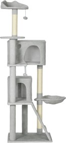 Arranhador para gatos com torre de brincadeiras, plataformas, compartimentos abertos, cama, rede, escada e arranhadores de sisal 56x56x180 cm cinzento