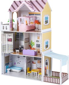 Casa de bonecas de madeira 102 x 34 x 120,5 cm com 3 andares para crianças a partir de 3 anos, com varanda, jardim, 16 acessórios, móveis, rosa