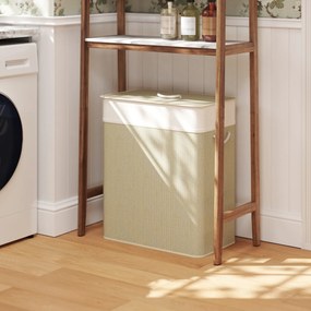 Cesto de roupa suja duplo com tampa 52 x 32 x 63 cm, cesto de roupa suja em bambu de 100 L com alças de corda creme