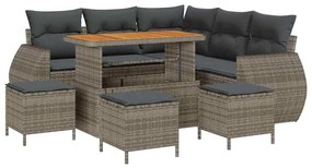 Conjunto de Sofás de Jardim de 9 peças com Almofadas Cinza Rattan Poli