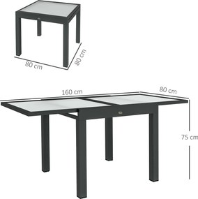 Mesa de jardim extensível dimensões quando aberta: 160 x 80 x 75 cm; estrutura em alumínio; tampo em vidro temperado transparente