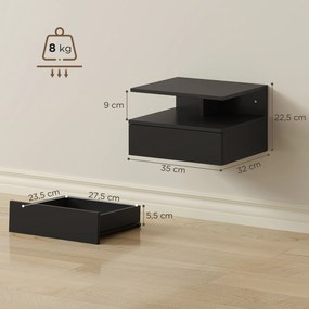 Conjunto de 2 Mesas de Cabeceira Suspensas com Gaveta Montadas na Parede 35x32x22,5 cm Preto