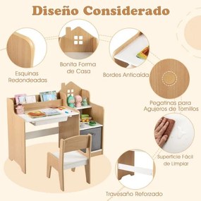 Conjunto de mesa e cadeira de estudo para crianças Mesa para crianças com estantes abertas Gaveta- natural