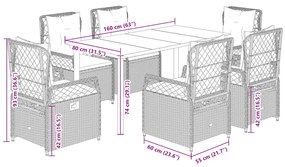 7 pcs conjunto de jantar p/ jardim com almofadões vime PE bege