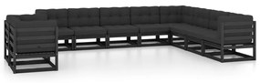vidaXL 10 pcs conjunto lounge jardim c/ almofadões pinho maciço preto