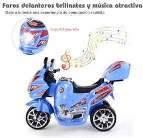 Moto eléctrica para crianças com bateria 6 V com 3 rodas Música incorporada, luzes, velocidade para a frente e marcha-atrás Azul