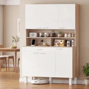 Armário de Cozinha Alto com 6 Portas e Grande Gaveta Prateleiras Bancada Ampla para Micro-ondas 120x40x175 cm Branco e Madeira