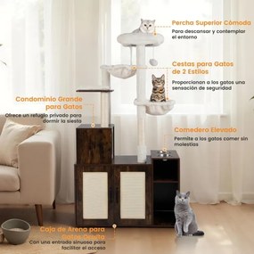 Arranhador para gatos 2 em 1 com movel para caixa de areia (CAIXA AREIA NÃO INCLUIDA) 87 x 45 x 161 cm, e estação de alimentação Café