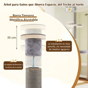 Arranhador para gatos do chão ao teto com altura ajustável de 236-271 cm com plataformas, almofadas, rede e poste para arranhar cinza.