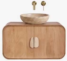 Conjunto De Móvel De Casa De Banho Suspenso 95x45 Cm Em Madeira De Manga E Pedra Natural Kivalina Travertino - Madeira De Mangueira & - Sklum