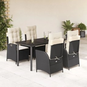 5 pcs conjunto de jantar p/ jardim c/ almofadões vime PE preto