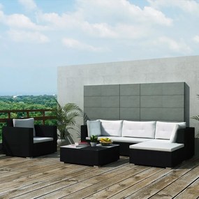 6 pcs conjunto lounge de jardim com almofadões vime PE preto