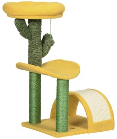 PawHut Arranhador para Gatos Centro de Atividades com Cama Poste de Sisal e Bolsa Suspensa 40x35x72cm Amarelo e Verde