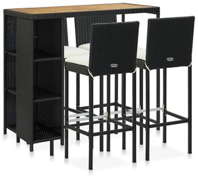 vidaXL 5 pcs conjunto de bar p/ jardim c/ almofadões vime PE preto
