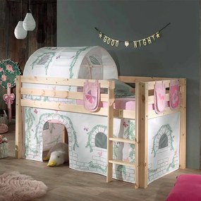 Conjunto Cama alta de Criança PINO 90 x 200 cm + estrado + escada + cortina + 3 bolsas + túnel Passaros Natural