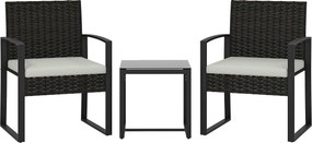 Outsunny Conjunto de Móveis de Jardim de 3 peças em Vime PE com Cadeiras Mesa de Vidro Temperado e Almofadas Castanho e Creme | Aosom Portugal
