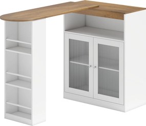 HOMCOM Mesa de Bar Extensível e Rotativa 360° com Prateleiras Abertas e 2 Portas de Vidro 150x80x105,5 cm Branco e Madeira | Aosom Portugal
