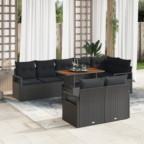 Conjunto de Sofá de Jardim vidaXL 9 Peças com Almofadas Preto Rattan Sintético Acácia