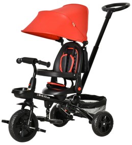 HOMCOM Triciclo Infantil 4 em 1 Bicicleta para Crianças 1-5 Anos com Assento Giratório Capô Ajustável Guidão de Empurre e Apoio para os Pés Dobrável 111,5x52x98cm Vermelho