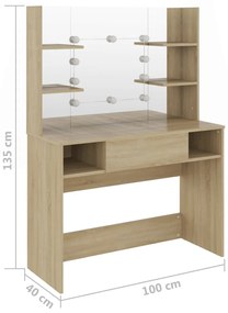 Mesa de maquilhagem c/ luzes LED 100x40x135 cm MDF cor carvalho