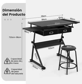 Mesa de desenho estirador ajustável em altura e ângulo 2 gavetas com banco Preta