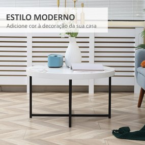 mesa de Centro Mesa de Sala de Estar Redonda com Bancada Similar ao Mármore e Estrutura de Metal para Escritório Estilo Moderno 80x80x45cm Branco e Pr