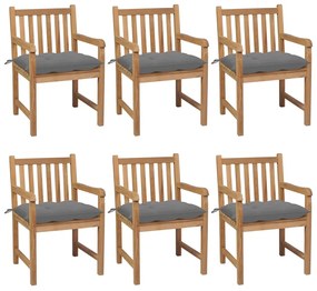 Cadeiras de jardim c/ almofadões cinzentos 6 pcs teca maciça