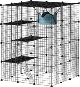 Gaiola Grande para Gatos de Interior com 4 Níveis  5 Portas 3 Plataformas de Salto 3 Rampas e Rede 105x105x140 cm Preto