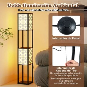 Candeeiro de pé 26 x 26 x 156 cm com 2 luzes e prateleiras de madeira com 2 abajures com padrões recortados Luz independente com puxador preto