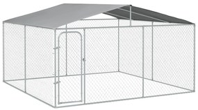 Canil de Exterior 4x4x2,3 cm com Toldo Anti-UV Recinto para Cães com Porta com Trava e Estrutura de Metal  Prata