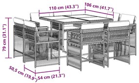 9 pcs conjunto de jantar p/ jardim c/ almofadões vime PE cinza