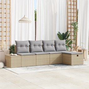 Conjunto de Sofá de Jardim 5 Peças com Almofadas Bege de Rattan Poliet