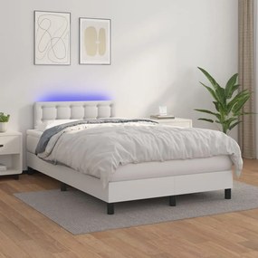 Cama box spring c/colchão/LED 120x200cm couro artificial branco