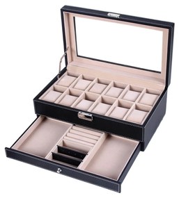 Caixa de relógio SONGMICS, estojo para relógio com tampa de vidro, vitrine de 2 níveis para 12 relógios, com fechadura, 1 gaveta, para anéis, pulseiras, ideia de presente, couro sintético preto, forro bege esverdeado JWB012