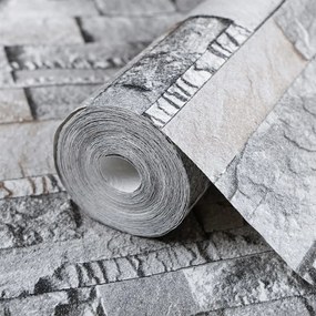 Papel de parede 3D com aspeto de pedra cinzento e castanho