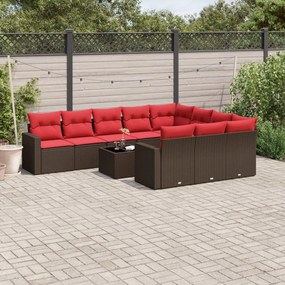 11 pcs conjunto sofás de jardim c/ almofadões vime PE castanho