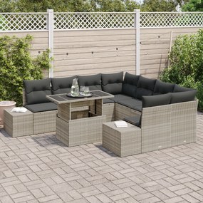 Conjunto de Sofás de Jardim com 9 Peças e Almofadas Cinza Claro em Rat