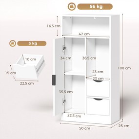 Armário para Casa de Banho com 2 Gavetas, Compartimentos Abertos e Prateleiras Ajustáveis para Espaços Pequenos 50x25x100 cm Branco