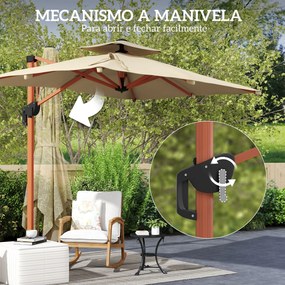 Chapéu de Sol Excêntrico 300x198x252 cm com Manivela Inclinação Ajustável Duplo Teto e Base Cruzada Giratória 360° Caqui